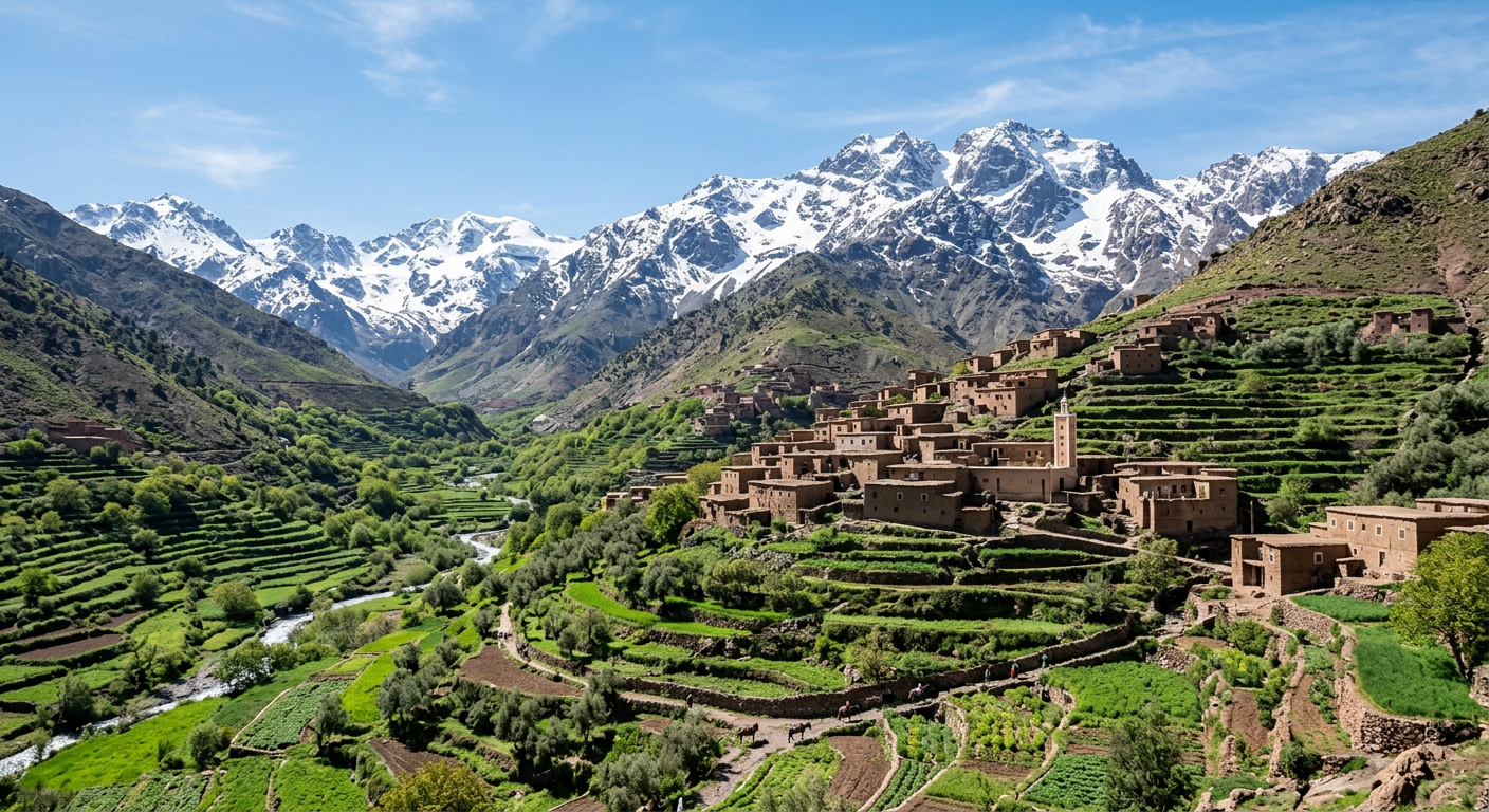 Snow-capped High Atlas Mountains above terraced fields and a Berber village