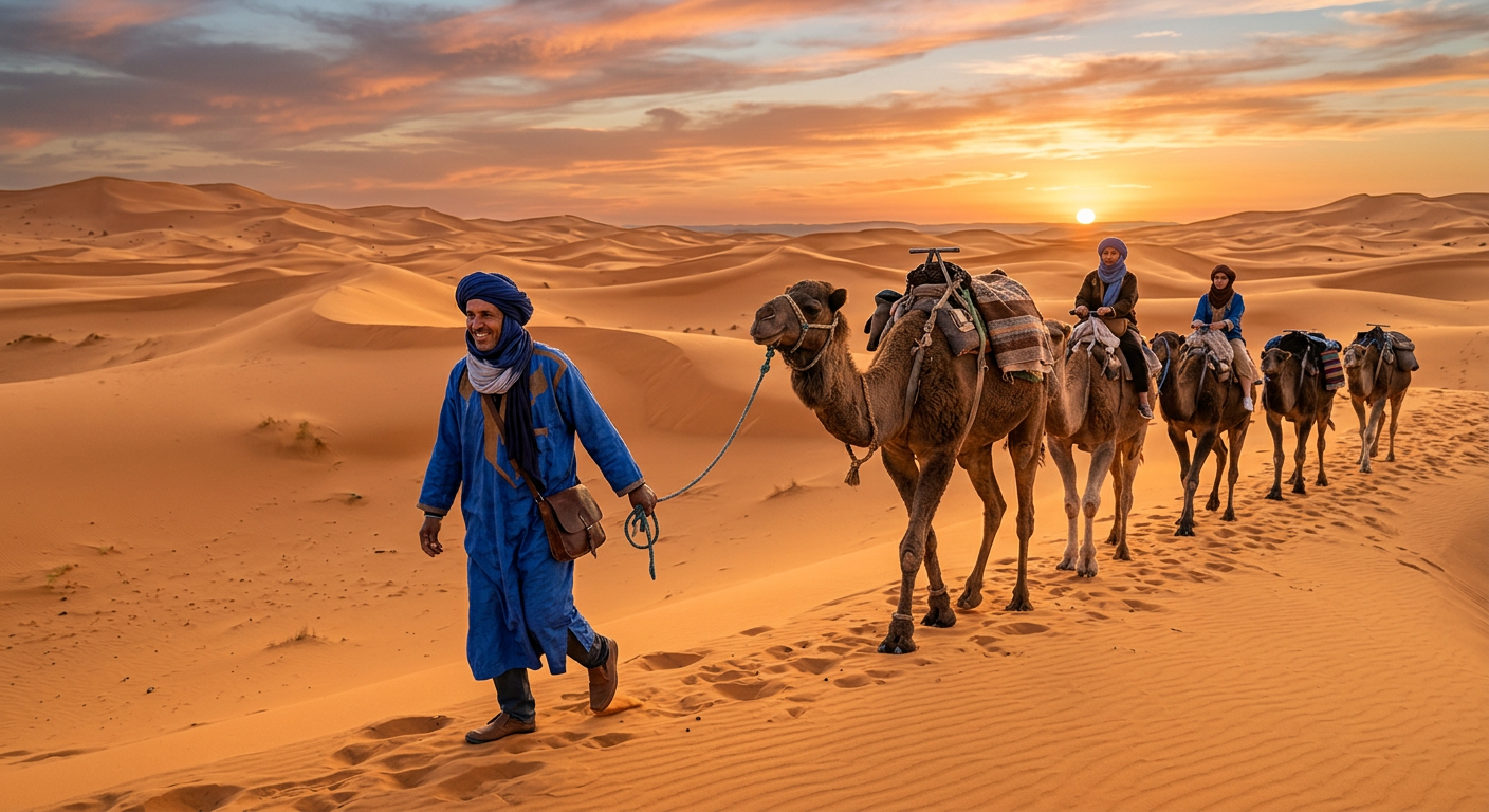 Camel caravan led by a Berber guide across golden Sahara dunes at sunset