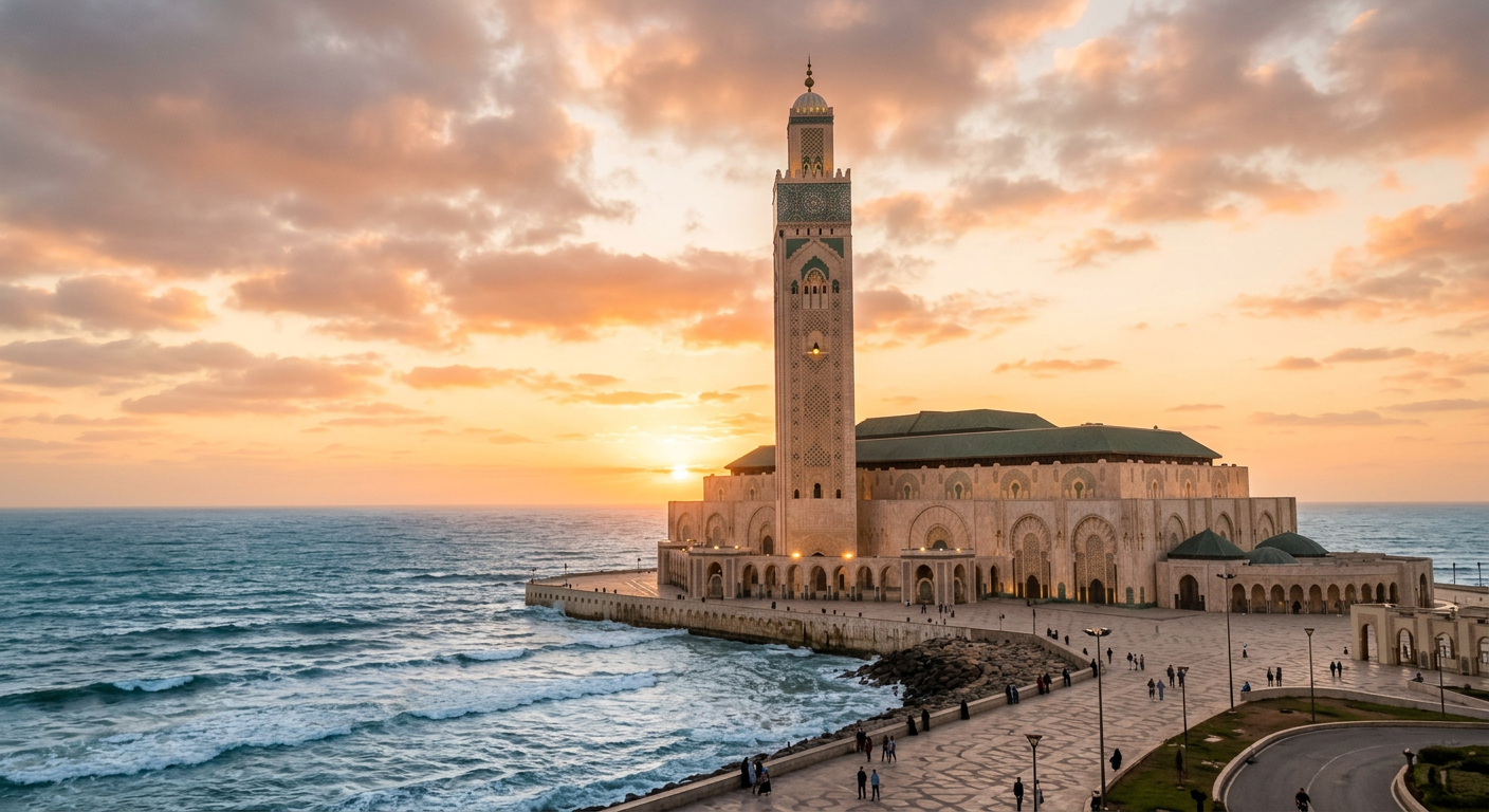Hassan II Mosque in Casablanca beside the Atlantic Ocean at golden hour