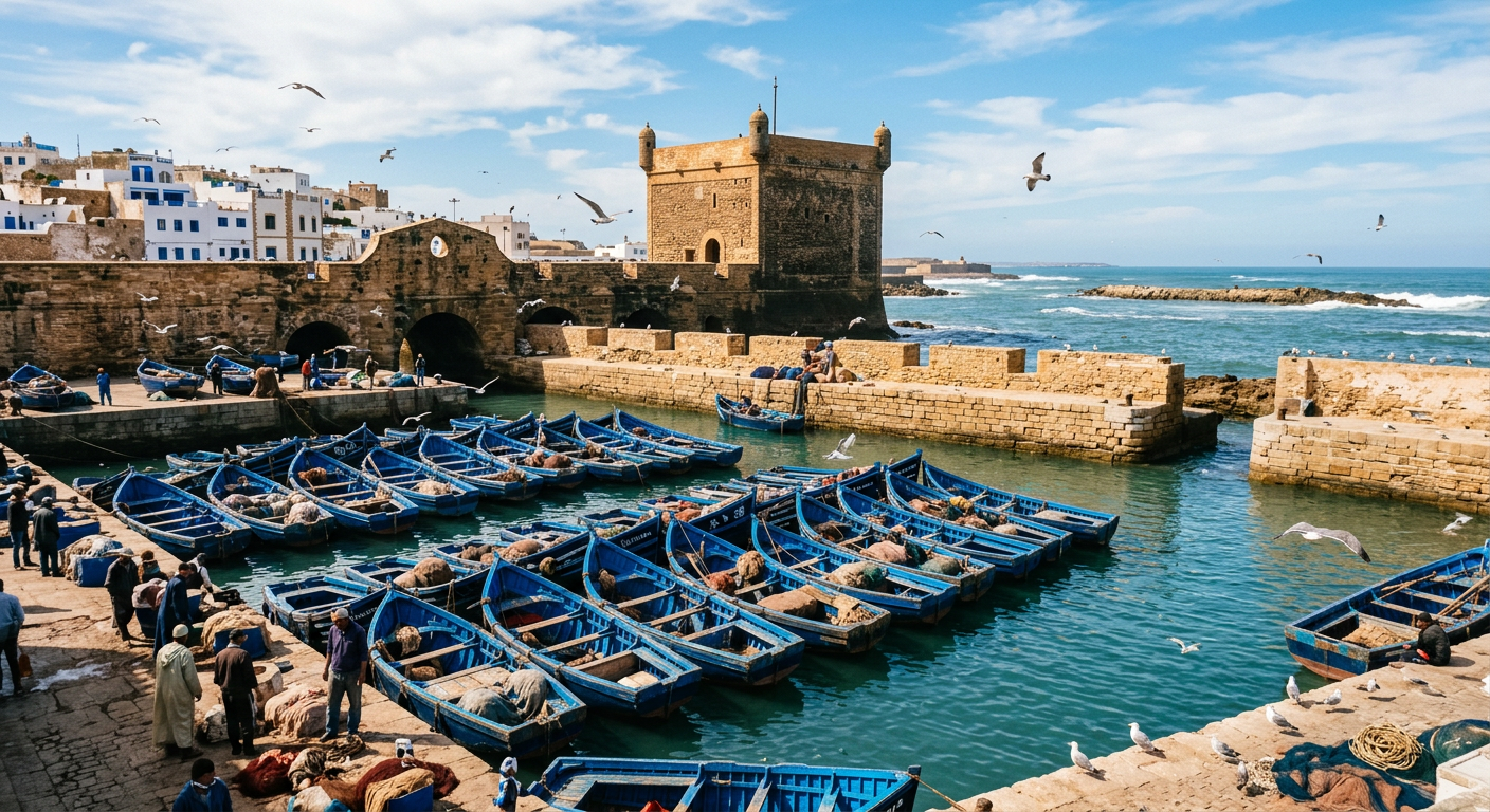 Blue fishing boats and stone ramparts in the Essaouira harbor