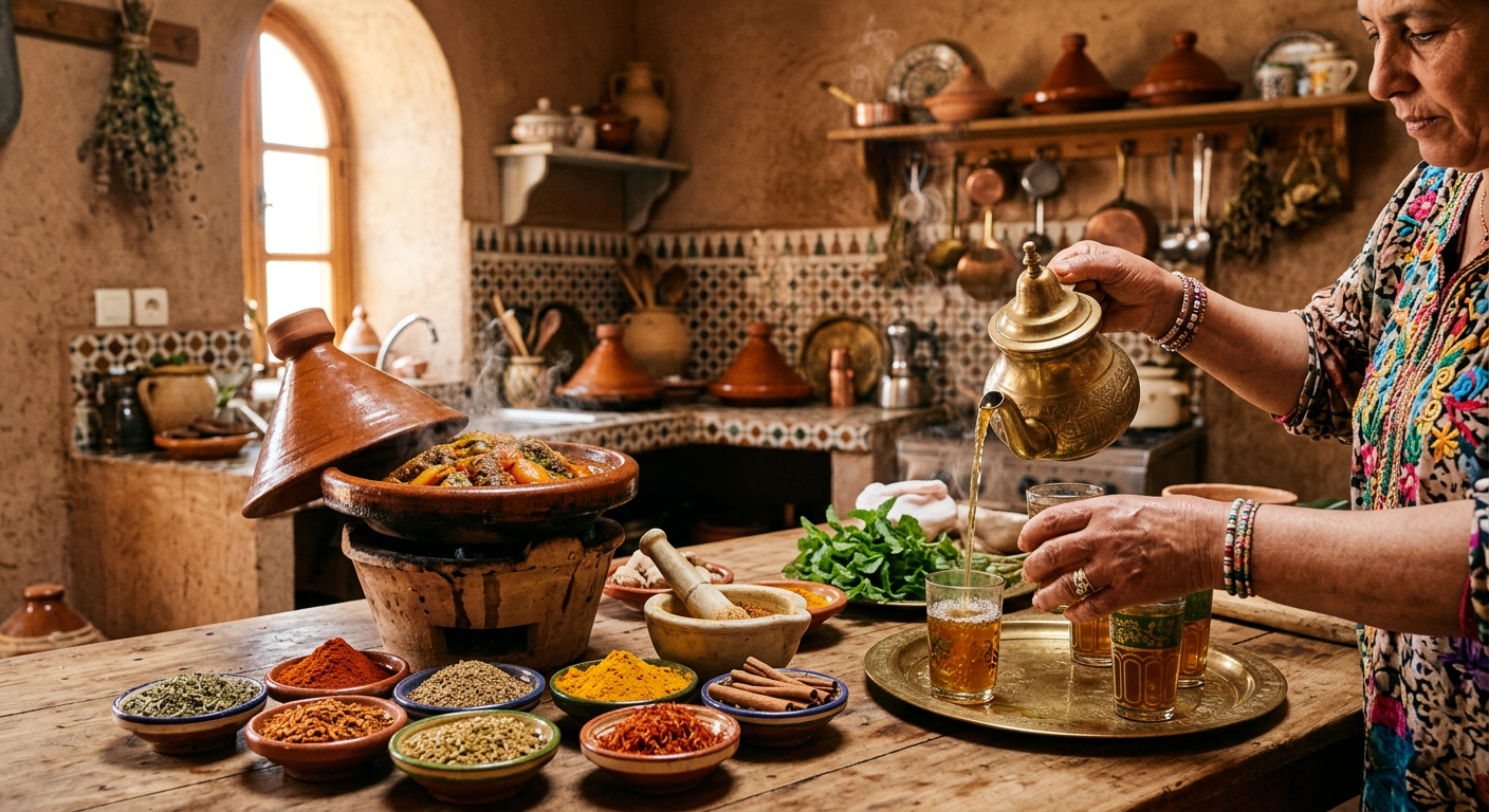 Moroccan tagine and colorful spices with mint tea in a Marrakech kitchen