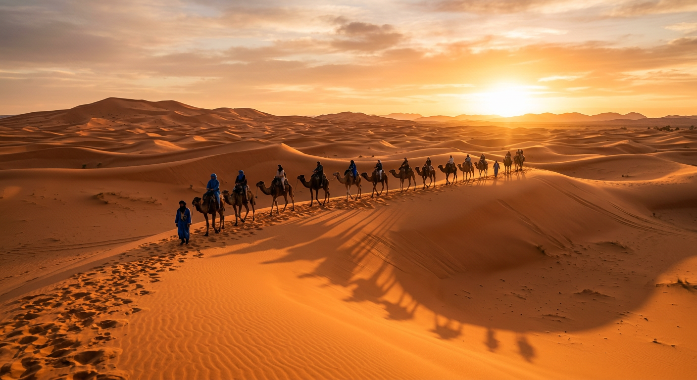 Sweeping Moroccan landscape of desert dunes, mountains and kasbahs