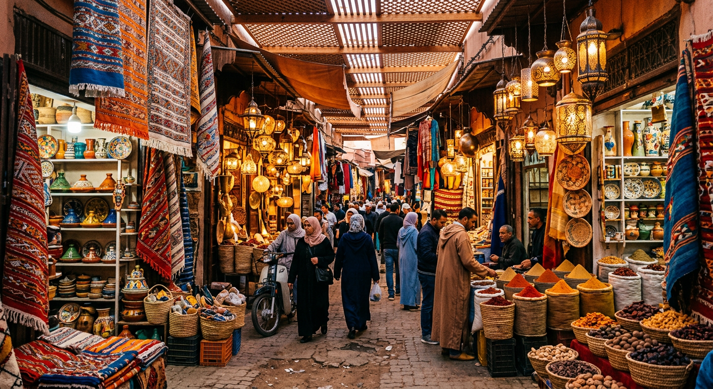 Bustling Marrakech souk lane with lanterns, carpets and handicrafts