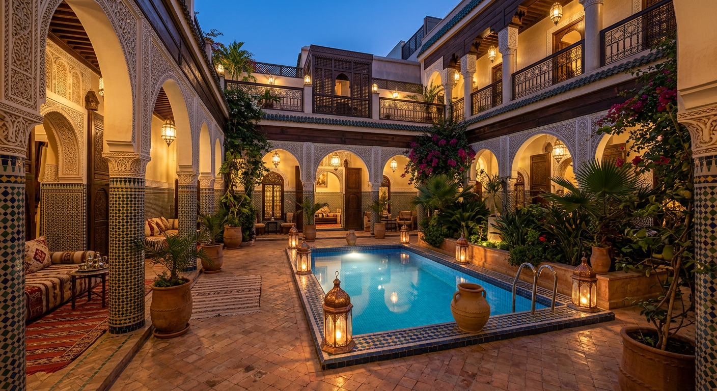 Traditional Moroccan riad with zellige tilework and lanterns