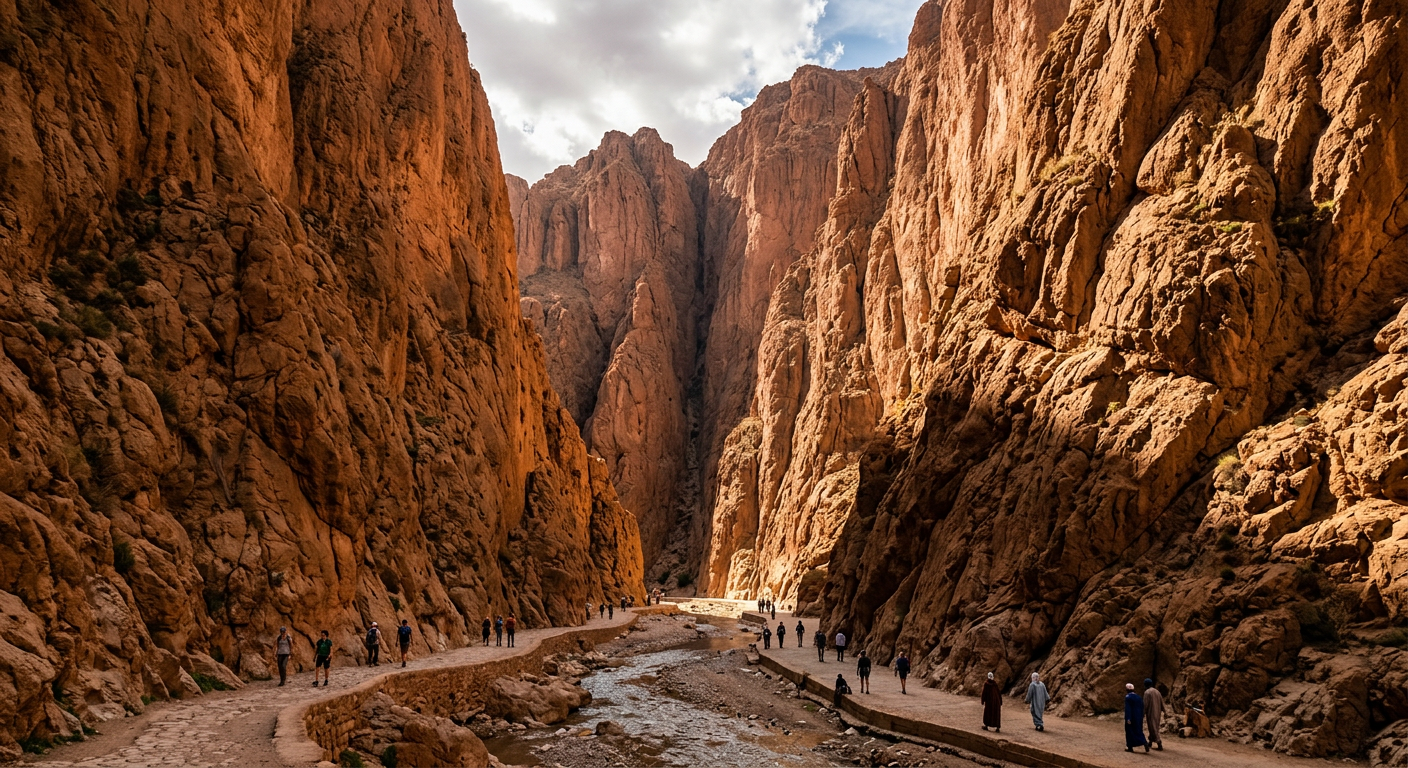 Sheer vertical canyon walls of the Todra Gorge with a river path below